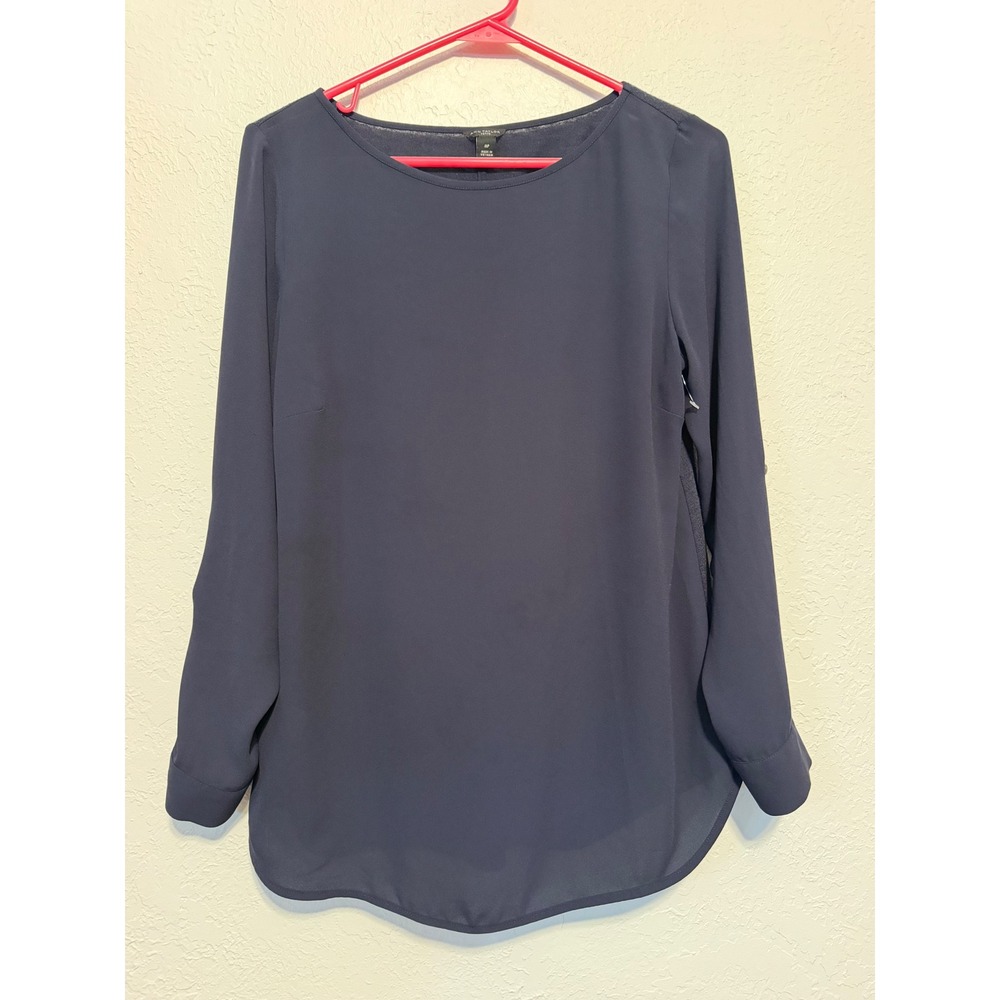 Ann Taylor Petite Navy Blue Mixed Media Roll Tab Sleeve Blouse MP 487497